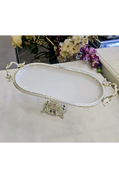 MaviDamla Cast Edge Frameded Footed Porcelain Presentation Plate 25*15 Silver