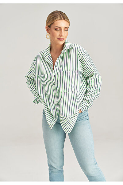 Figl Cămașă elegantă de damă cu dungi albe și verzi M1024 mărimea S/M
