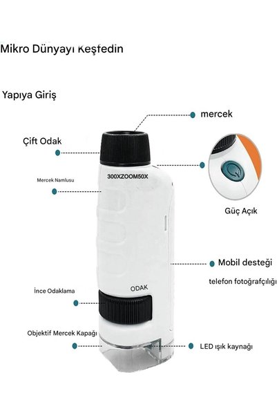 Tisul MICRO1 MİNİ Boy Mikroskop Dürbün Ve Teleskop Zoom Led Işık Eğitici Mikroskop 300XZOOM