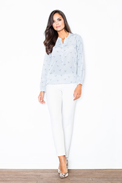 Figl Cămașă elegantă de damă fără guler cu păsări - albastru deschis M254 mărimea S