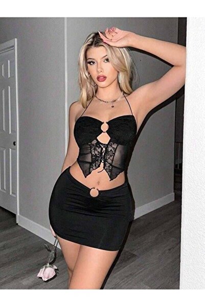 Lace & Grace Dantel Halka Detaylı Askılı Siyah Crop