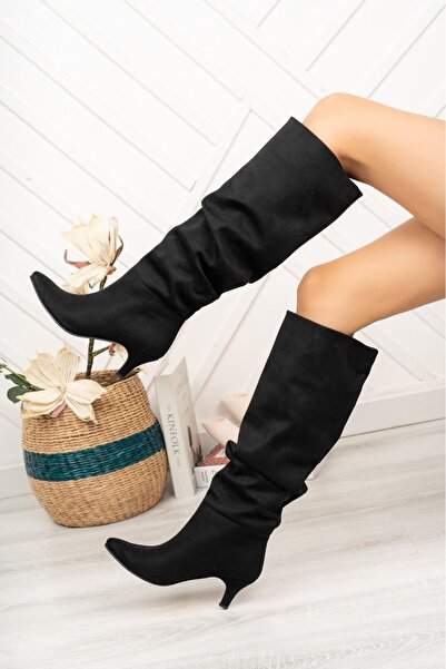 Zerenyus Zri̇n-2001 Black Suede Thin Heeled Bellows Premium Women's Boots