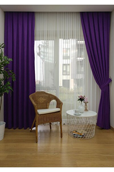 MERYKAR HOME COLLECTİON 1.Kalite Mor Ada Fon Perde-1/2 Seyrek Pile-Tek Kanat