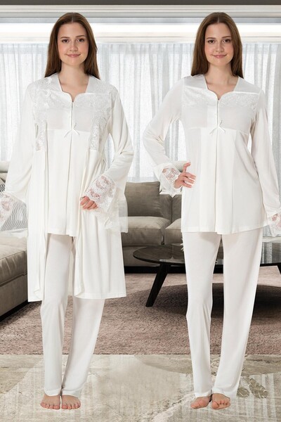 BLACKMORE Women's Ecru Special Lace Design Cotton Maternity Morning Gown Pajama Set 3-Piece Set