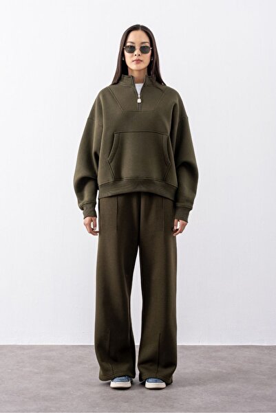 gothamvibes Women's Chill Wide Leg Khaki Sweatpants