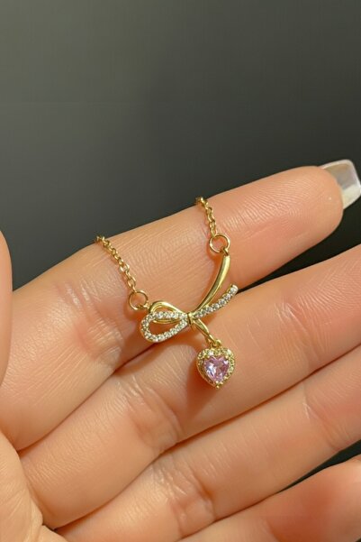 Lynare قلادة نسائية من الفولاذ 316L مع حجر الزركون على شكل عقدة وقلب وردي متدلي