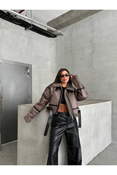 Lunea Womens Vizon İçi Kürklü Kemer Detaylı Oversize Ceket