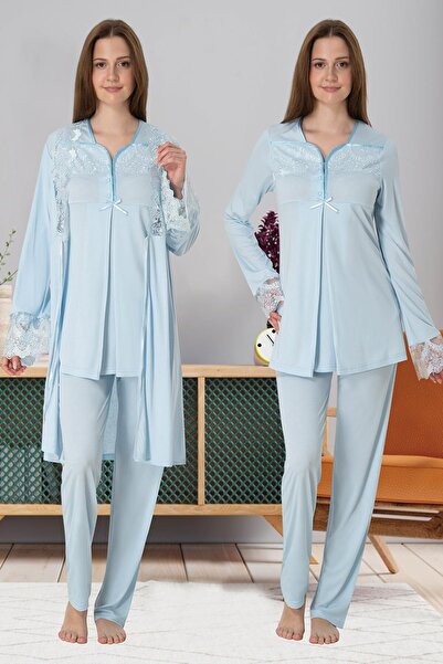 BLACKMORE Women's Blue Special Lace Design Cotton Maternity Morning Gown Pajama Set 3-Piece Set