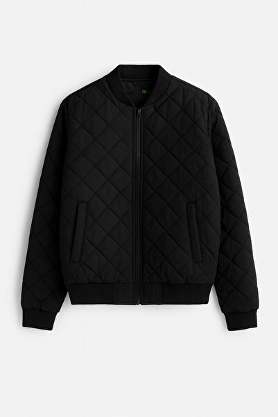 FREZZBİ Men's Black College Collar Windproof Quilted Patterned Fiber Transitional Coat