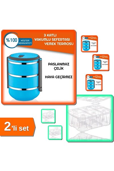 HerEveOyuncak Mavi 3lü Sefer Tası Yemek Termosu Saklama Kabı + 6 Bölmeli Su Bardağı Taşıma Kutusu Şeffaf - 2li Set
