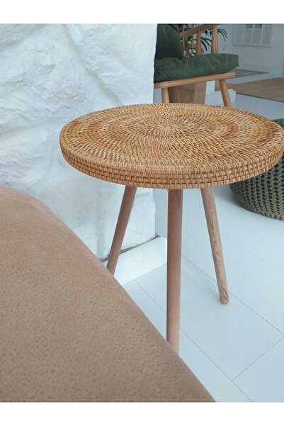 Toprak Design Tekli (tabla çapı 32 cm) bohem rattan Yan sehpa , bohem tasarım ratta zigon sehpa