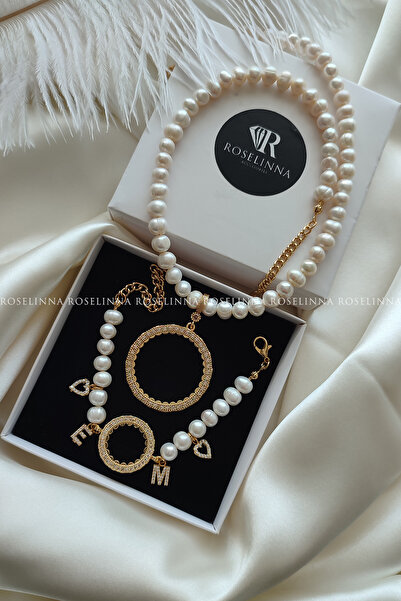 ROSELİNNA Tam Altın Çerçeveli Gerçek İnci Kolye, Çeyrekli Bileklik Set, Kişiy...