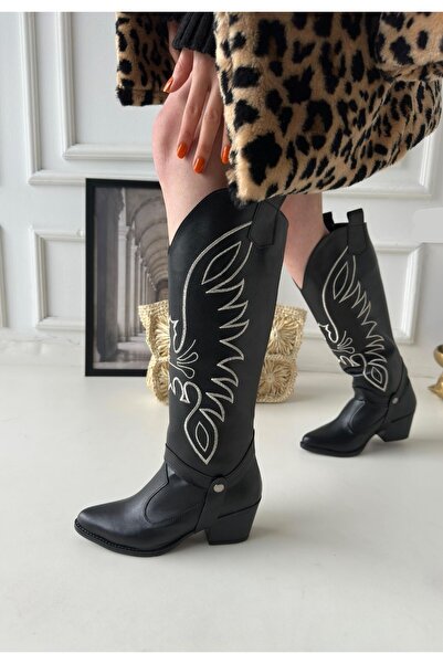 Genel Markalar Jilla Siyah Cilt Tak Çıkar Topuklu Bot Ve Çizme