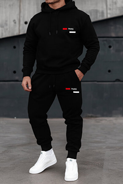 CLASSY.MODA Set de trening cu buzunar cangur pentru bărbați, cu cu glugă fire, PARIS B cu imprimeu K