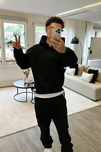 CLASSY.MODA Men's 3 Thread K Hooded Geometric B Printed Tracksuit Set with Kangaroo Pocket Comfortable Fit