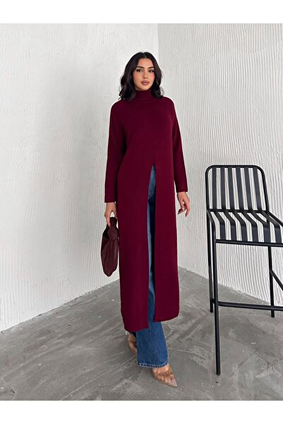 CLB COLLECTION Women's High-Necked Long Knitwear Tunic – Slit Loose Model