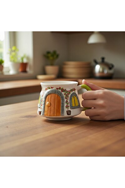 sharp&art Hand Embroidery, Embossed Pattern Country House and Mushrooms Figured Ceramic Mug Cups