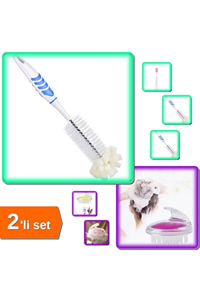 HerEveOyuncak Şişe Temizleme Fırçası + İnce Uçlu Şampuan Hazneli Silikon Saç ...