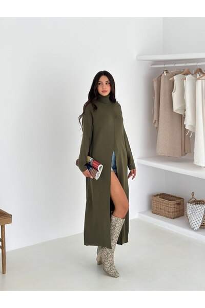 CLB COLLECTION Women's High-Necked Long Knitwear Tunic – Slit Loose Model