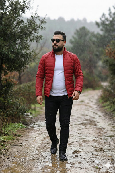 MEYASU Men's Red Quilted down Jacket with Inner Zipper Pocket