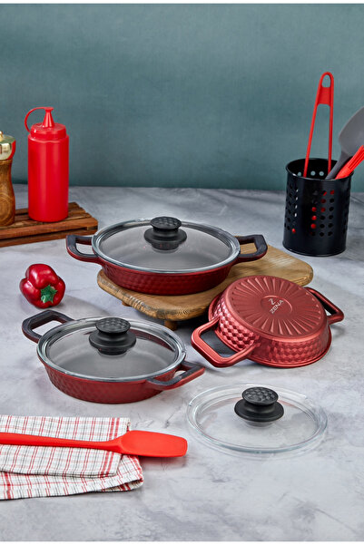 ZenaLiora 3’LÜ KAPAKLI DÖKÜM SAHAN TAVA SETİ 6 PARÇA 18-20-22cm KIRMIZI