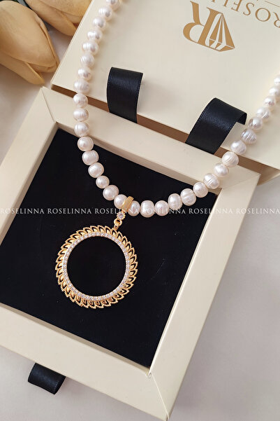 ROSELİNNA Gerçek İncili Tam Altın Çerçeveli Kolye, Gerçek İnci Kolye, Tam Alt...