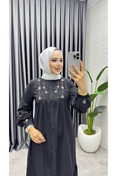 M O L İ T A MLT104 Çiçek İşlemeli Boydan Düğmeli Kot Elbise