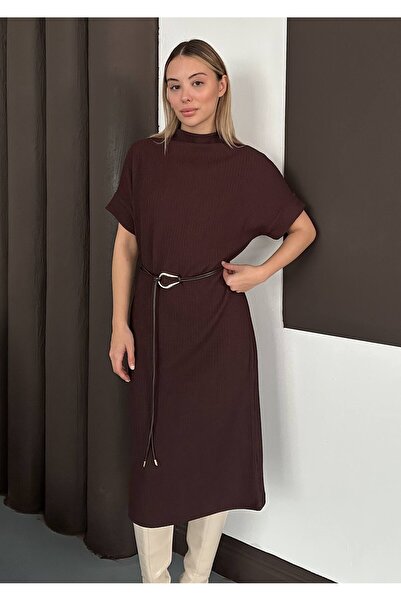 MAXXANA Dik Yaka Yarım Kol Kemerli Midi Elbise