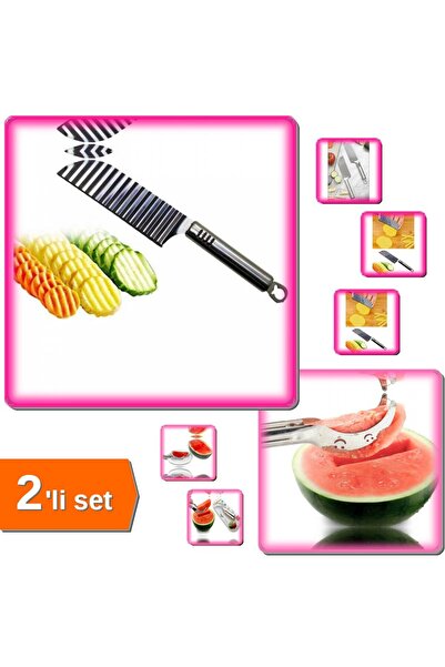 HerEveOyuncak Karpuz Kavun Dilimleme Bıçağı + Tırtıklı Patates Kesme Bıçağı Şekilli Dilimleyici - 2li Set U9S4X4