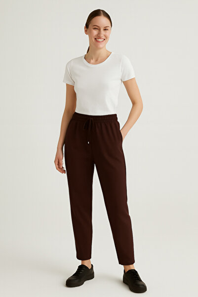 AYHAN AYDIN Women's Dark Brown Elastic Waist Ankle Length Double Fabric Pants