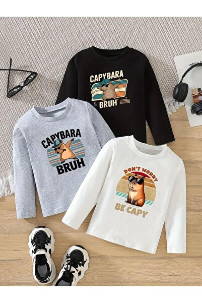 No Plan Boy's 3-Piece White-Grey-Black Cappybara Brush Printed Cycling Collar...