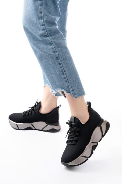 Zerenyus Zri̇n-400 Premium Black Lace-Up Knitwear Colorful Sole Women's Sneaker