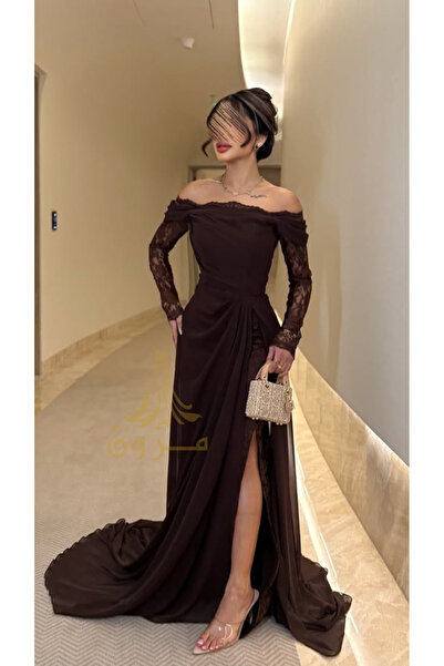 MEZON FASHION Brown chiffon evening dress with lace sleeves