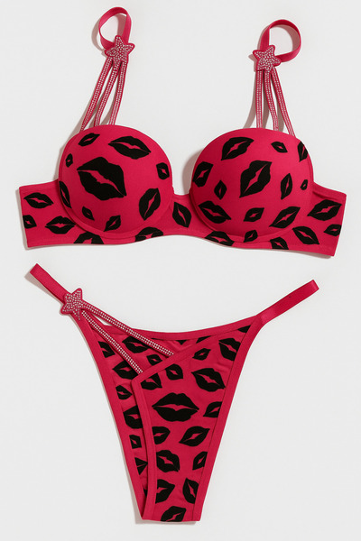 LİBELLA İÇ GİYİM Women's Red Kiss Patterned Star Stone Push-Up Bra & Thong 2-Piece Set