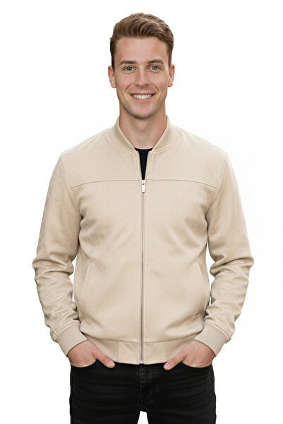 DeepSEA Men's Beige Slim Fit Stretch Fabric Zippered Suede Jacket – Transitional Slim Premium Coat 2504334