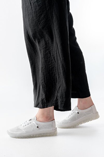 Zerenyus Zri̇n-365 White Patterned Genuine Leather Full Orthopedic Comfort Sports Ballet Flats