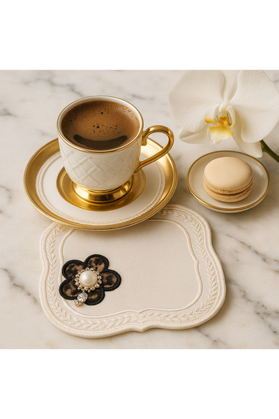 Durushe El Emeği Premium İnci Çiçek Motifli Kahve Sunumluğu – Çeyizlik, Misafir Sunumu