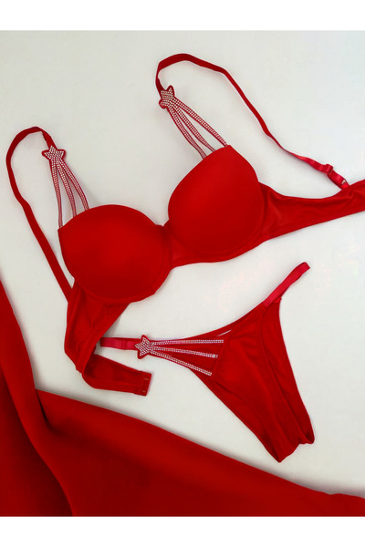 LİBELLA İÇ GİYİM Women's Red Star Detailed Push-Up Bra and Thong 2-Piece Set