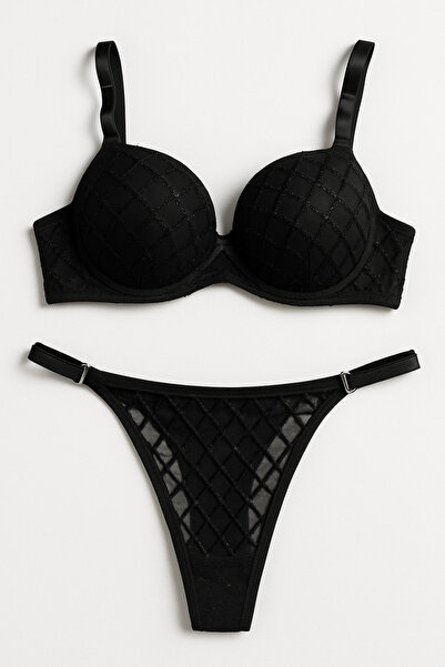 LİBELLA İÇ GİYİM Women's Black Mesh Detailed Square Patterned Push-Up Bra & Thong 2-Piece Lingerie Set