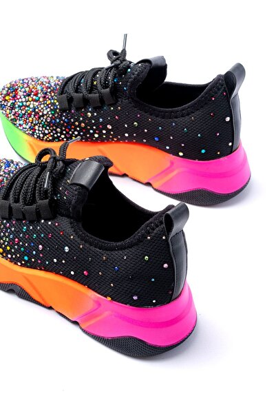 Zerenyus Zri̇n-403 Premium Black Orange Lace-Up Mesh Multi Stone Women's Sneaker