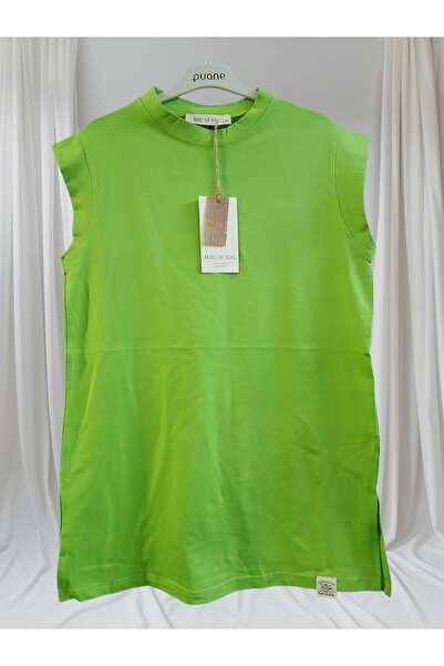 Soul Women's Lime Color Cotton Soft Crew Neck Sleeveless Slit Detailed Combed Cotton Undershirt 307250