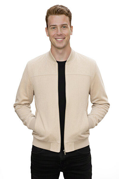 DeepSEA Men's Beige Slim Fit Stretch Fabric Zippered Suede Jacket – Transitional Slim Premium Coat 2504334