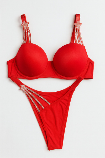 LİBELLA İÇ GİYİM Women's Red Star Detailed Push-Up Bra and Thong 2-Piece Set