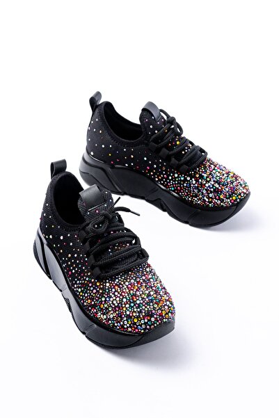 Zerenyus Zri̇n-403 Premium Black Lace-Up Mesh Multi Stone Women's Sneaker