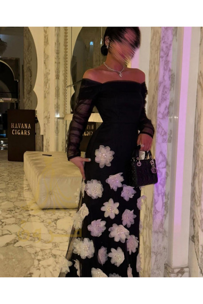 MEZON FASHION Evening dress with white rose embroidery and tulle ruffle sleeves