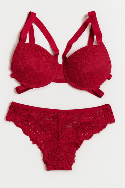 LİBELLA İÇ GİYİM Women's Red Lace Strappy Push-Up Bra & Panty 2-Piece Lingerie Set