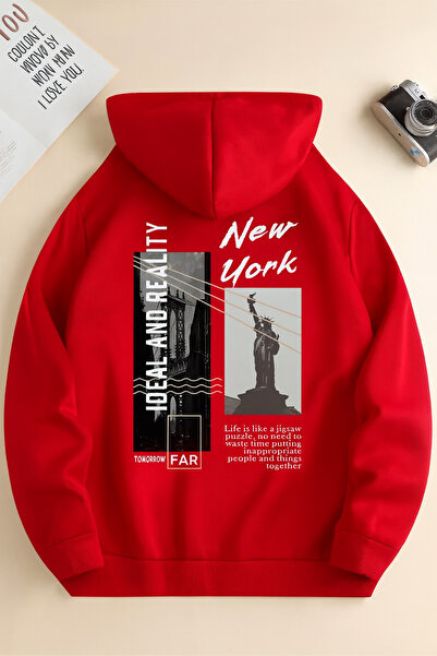 CLASSY.MODA “3 Yarn K Hooded Kangaroo Pocket New York B Printed O Oversized Sweatshirt”