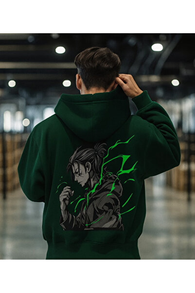 CLASSY.MODA “3 İplik K Hooded Kangaroo Pocket Sweatshirt with Anime Lightning Pattern on the Back O Oversized”