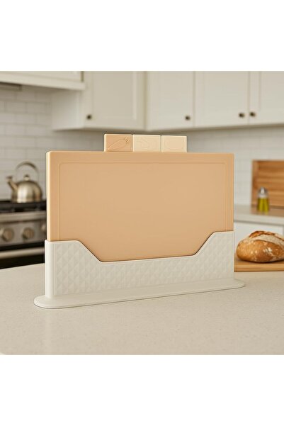 Kyrotech 4 Piece Plastic Cutting Board Set with Stand, Hygienic, Non-Slip 3 F...