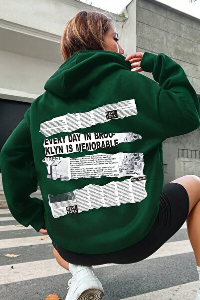 CLASSY.MODA 3-Thread K Hooded Kangaroo Pocket Sweatshirt with Newspaper Effect and New York Written on the Back B Printed